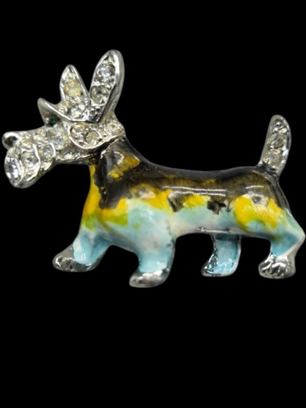 Vtg Scottie Dog Brooch Multi-Color Enamel Rhinestone Scottish Terrier Drop Glaze